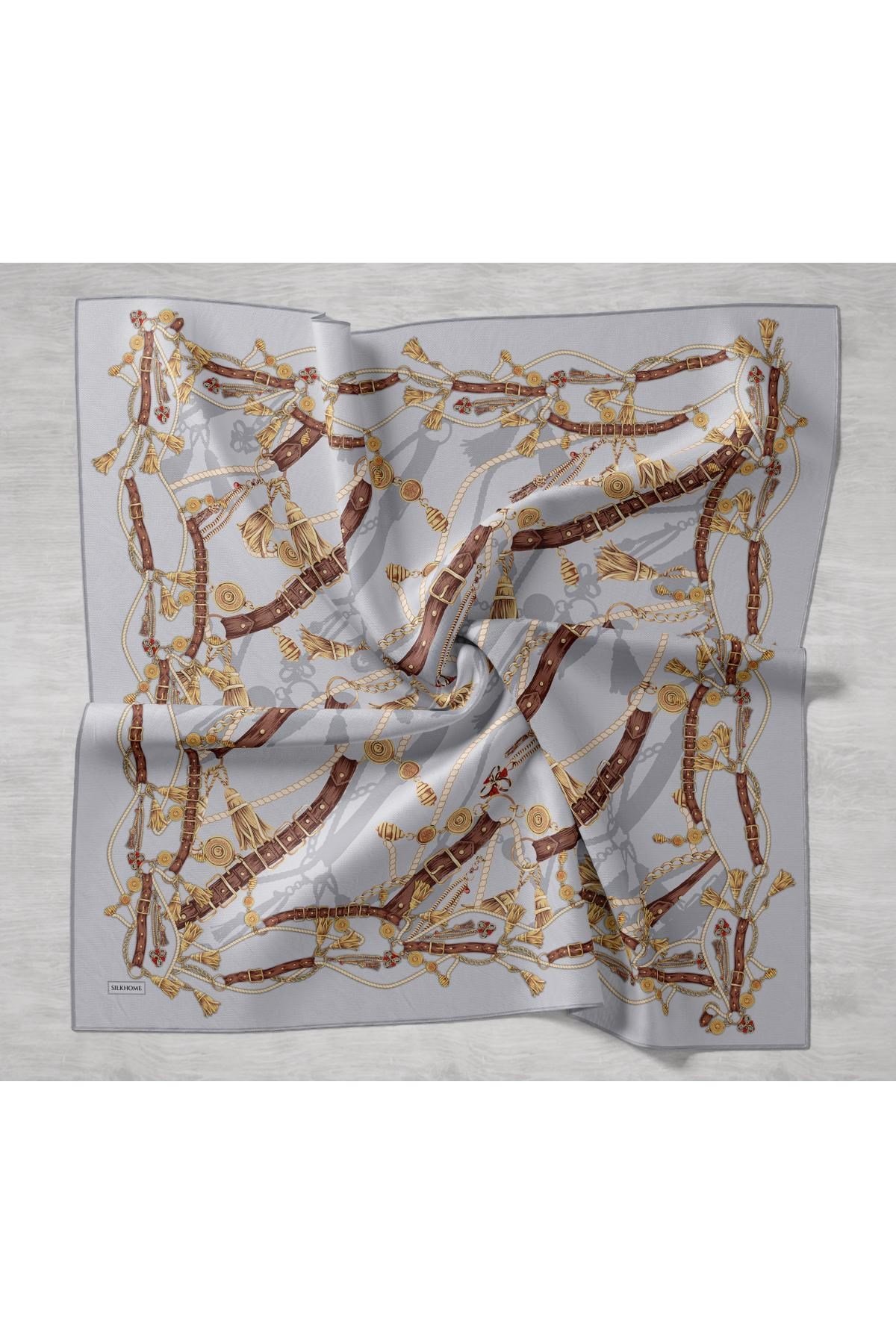 Silk Home Tivil İpek Eşarp 11530 - 03 Gri - Gold  Kemer Desen