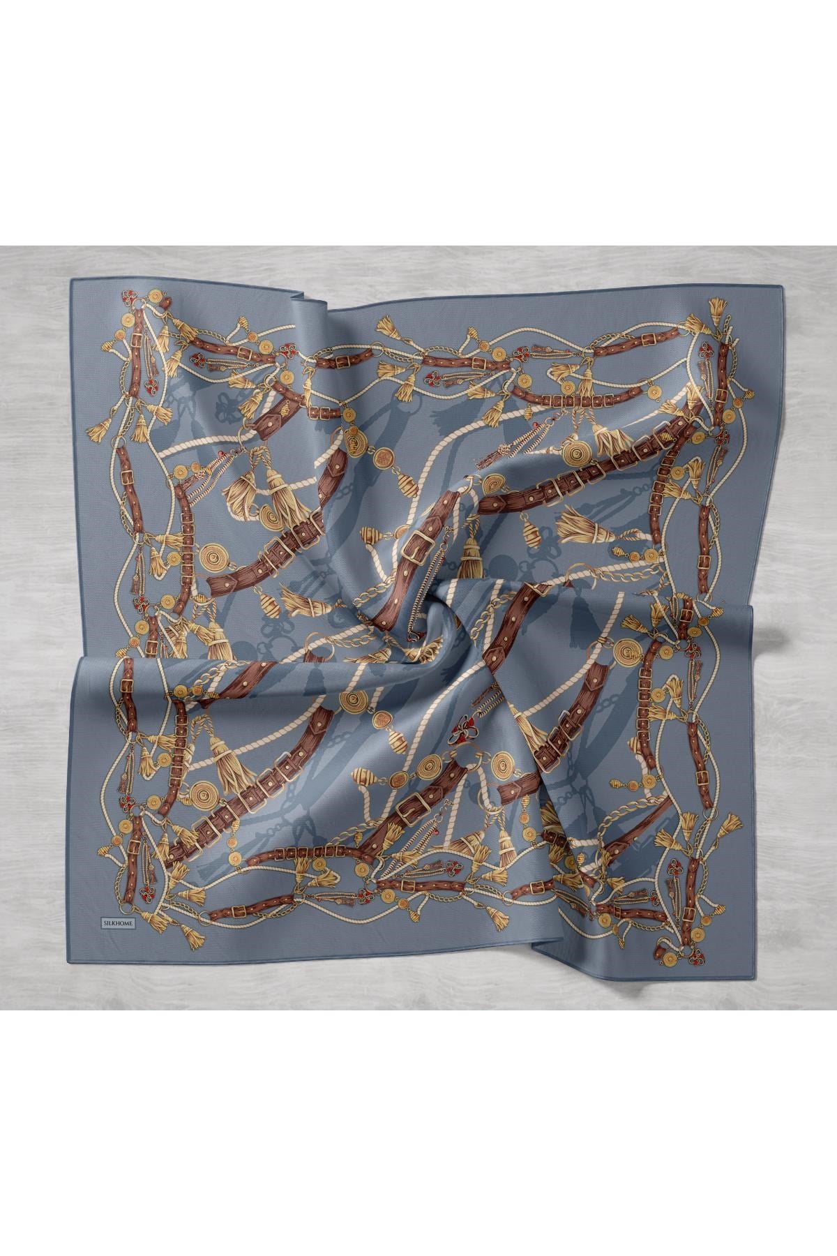Silk Home Tivil İpek Eşarp 11530 - 07 İndigo Mavi - Gold  Kemer Desen