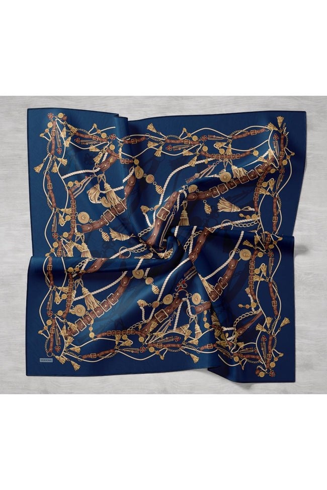 Silk Home Tivil İpek Eşarp 11530 - 09 Lacivert - Gold  Kemer Desen