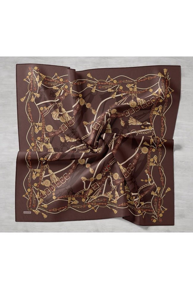 Silk Home Tivil İpek Eşarp 11530 - 10 Acı Kahve - Gold  Kemer Desen