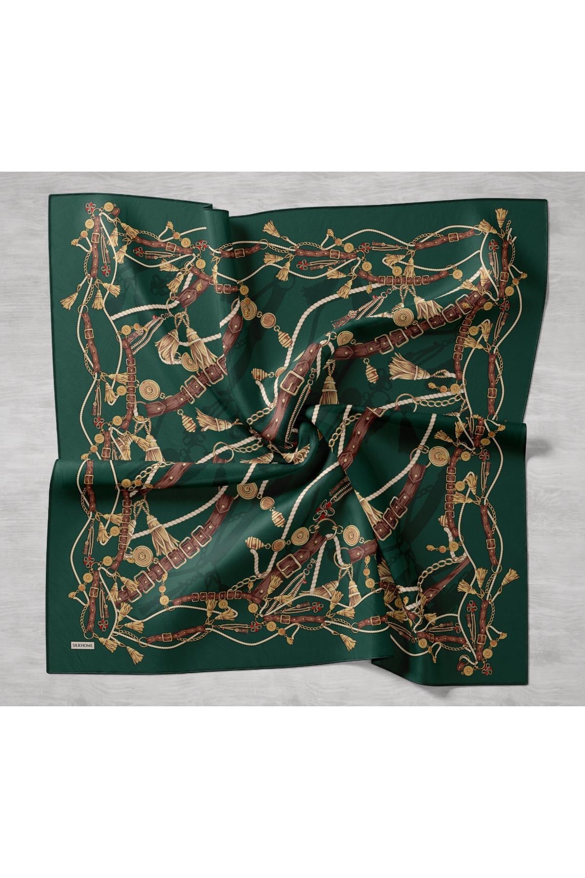 Silk Home Tivil İpek Eşarp 11530 - 11 Zümrüt Yeşil - Gold  Kemer Desen