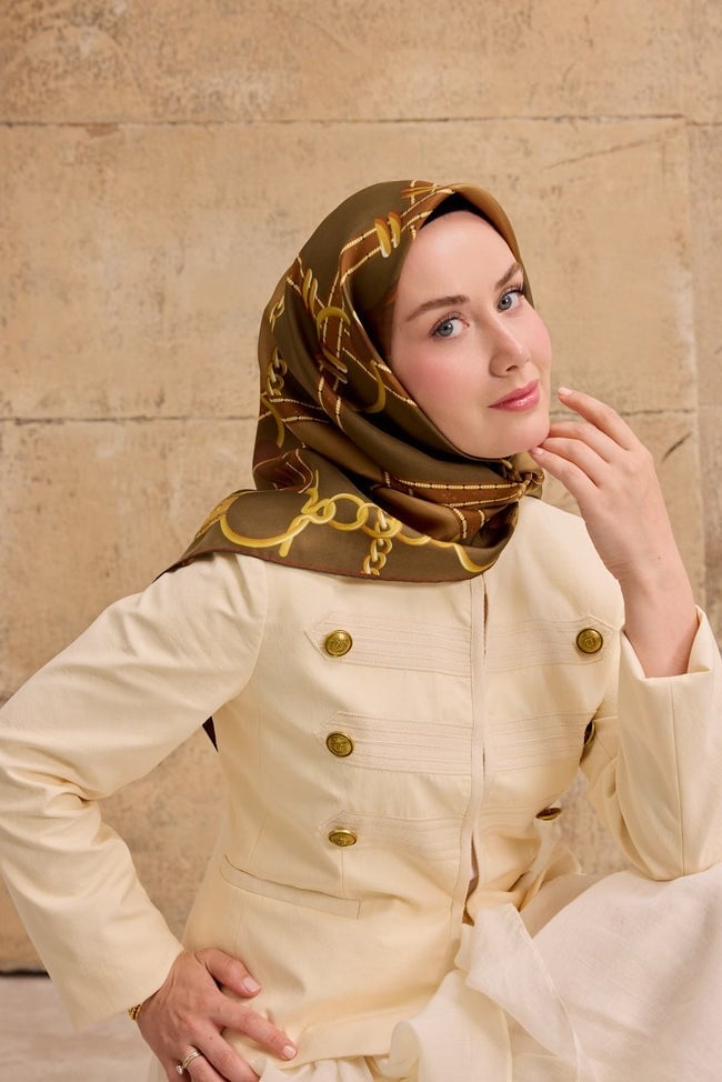 Silk Home Tivil İpek Eşarp 11533 - 07 Haki - Gold Zincir Desen