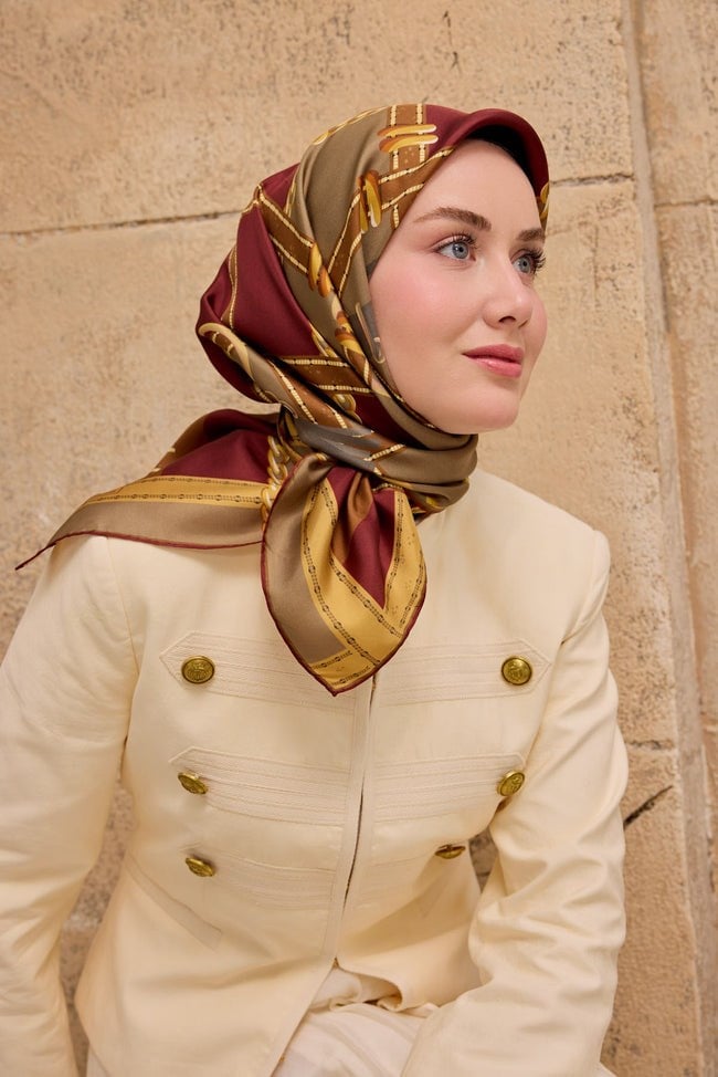 Silk Home Tivil İpek Eşarp 11533 - 16 Bordo - Taba Zincir Desen