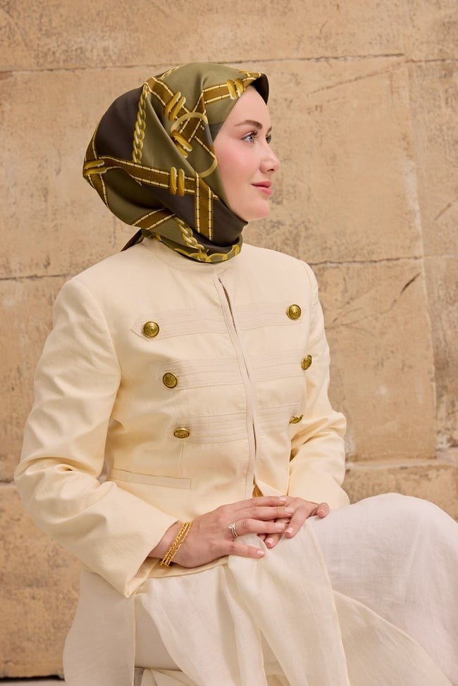Silk Home Tivil İpek Eşarp 11533 - 20 Yağ Yeşili - Gold Zincir Desen