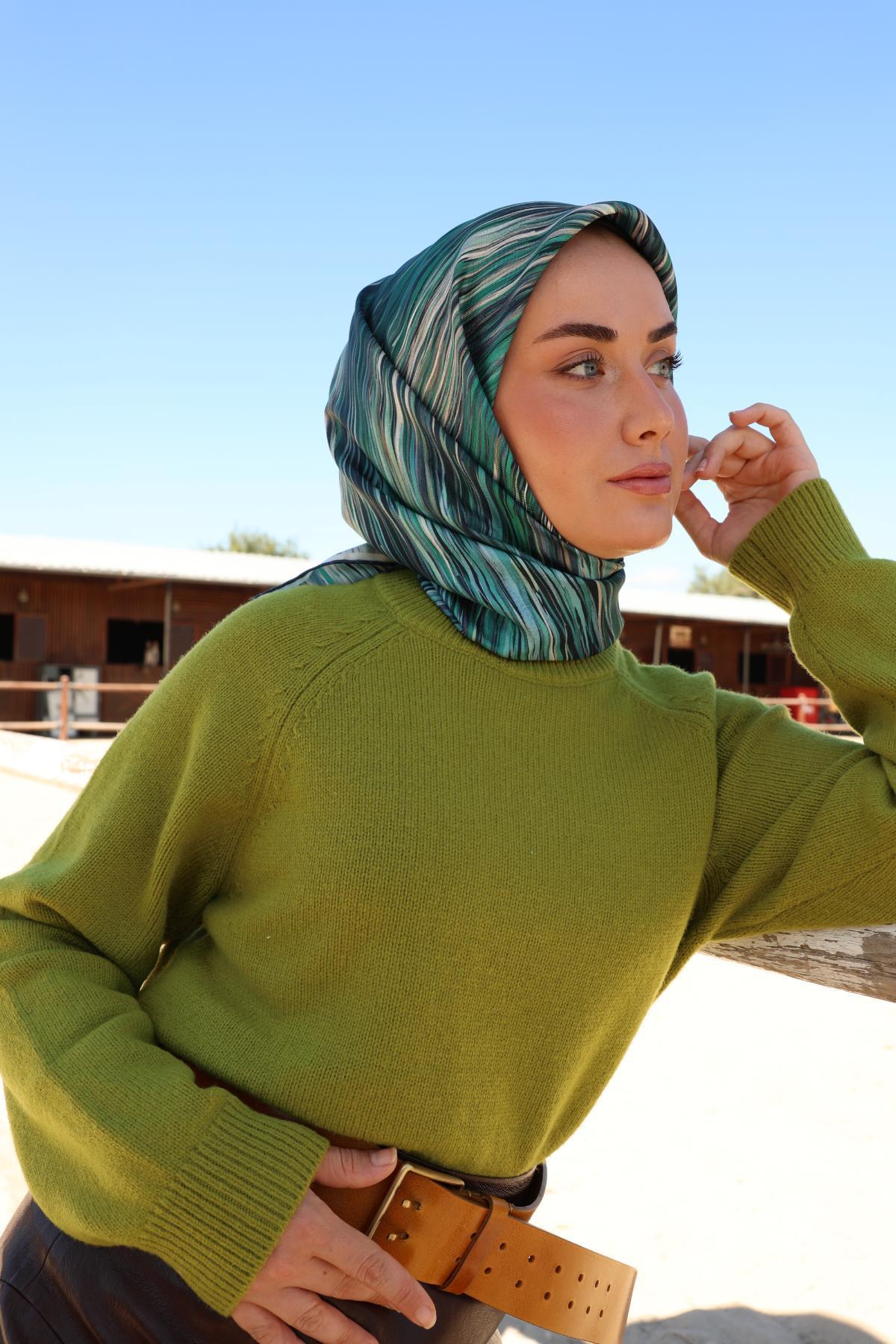 Silk Home Tivil İpek Eşarp IST 11484 - 36 Turkuaz Çizgili Desen