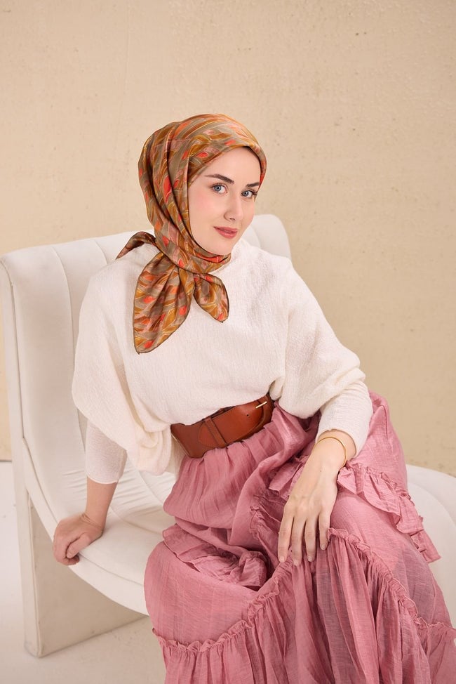 Silk Home Tivil İpek Eşarp IST 11514- 10 Haki Yeşil Soyut Desen