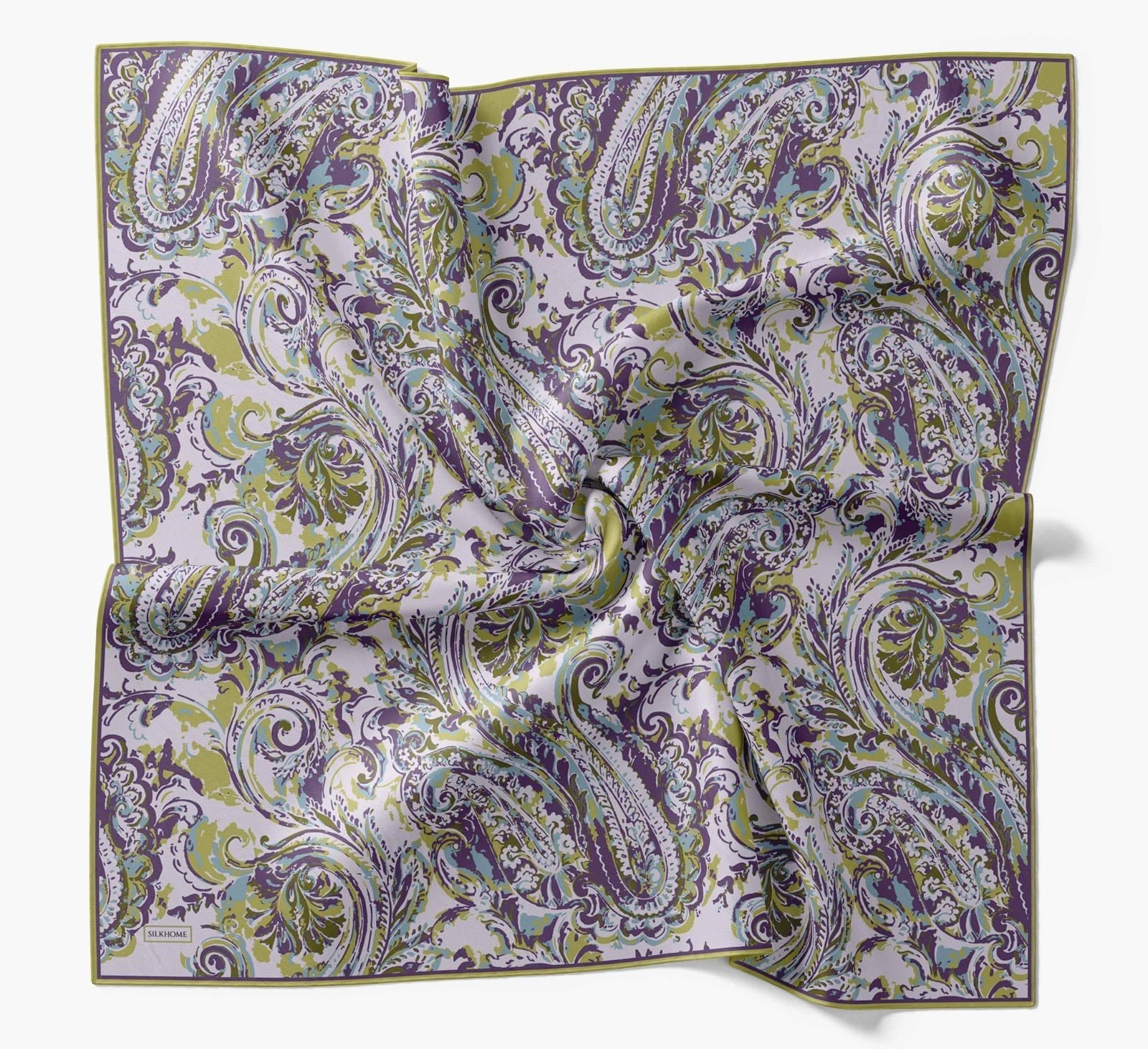 Silk Home Tivil İpek Eşarp IST 11519- 09 Mürdüm - Yağ Yeşil Etnik Desen
