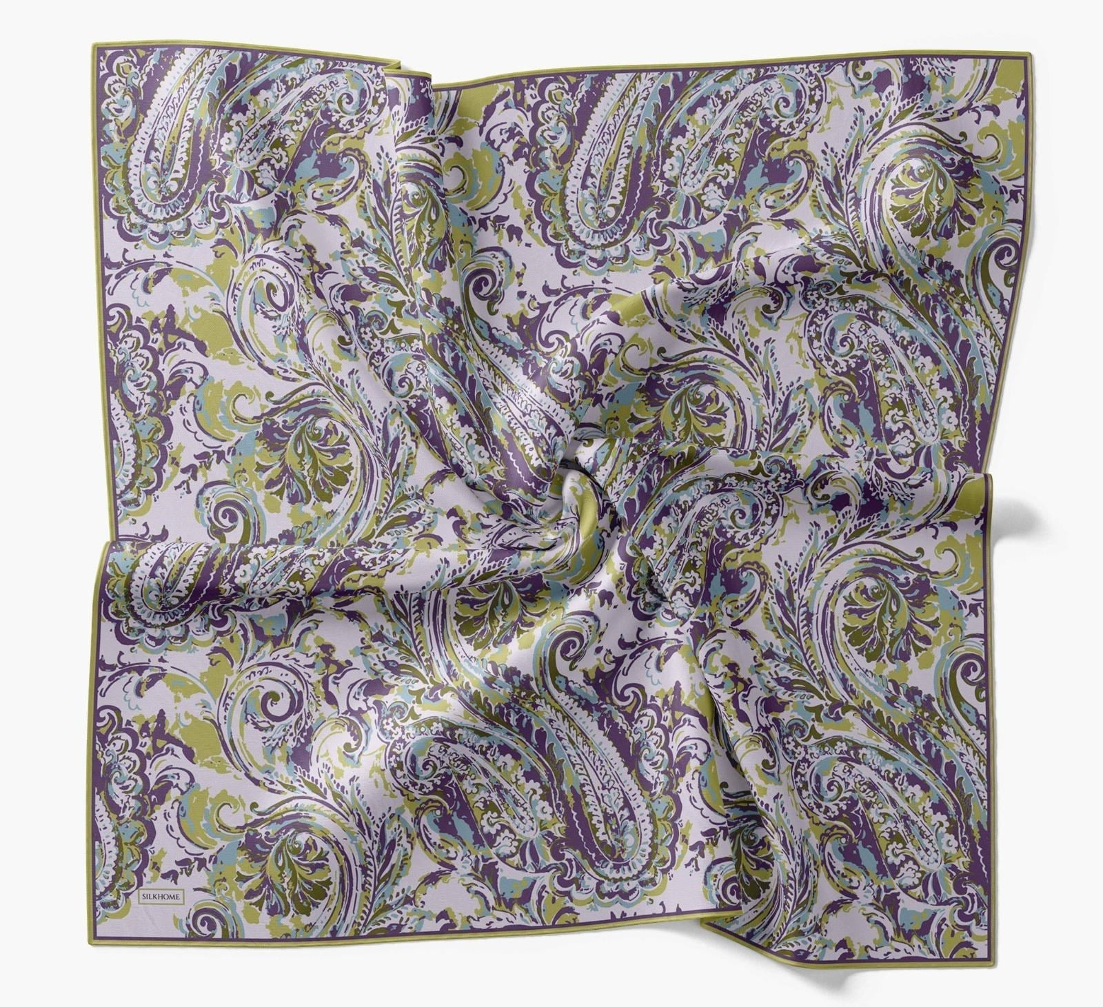 Silk Home Tivil İpek Eşarp IST 11519- 09 Mürdüm - Yağ Yeşil Etnik Desen
