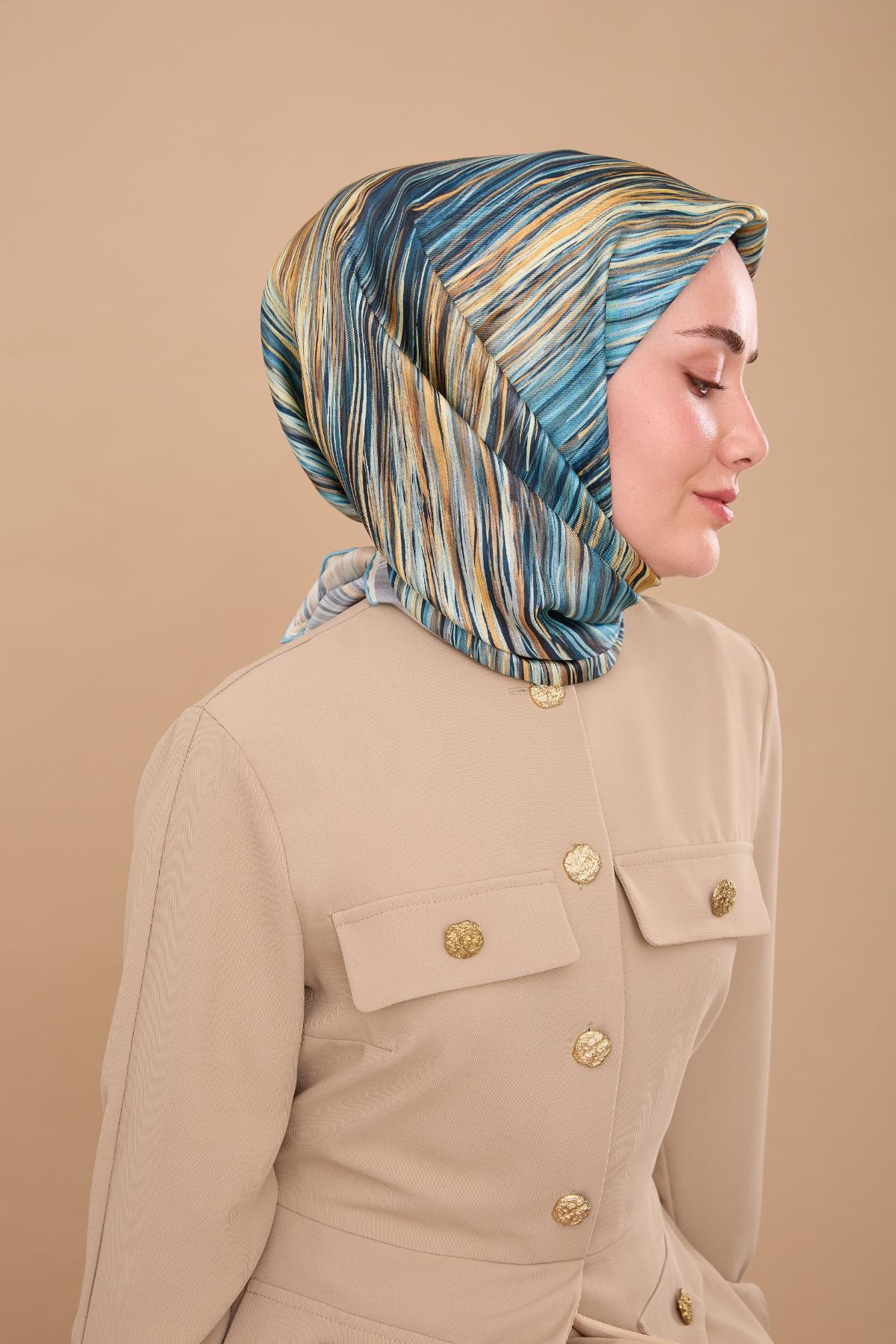 Silk Home Tivil Saf İpek 11484 - 34 Yeşil Krem Çizgi Desen