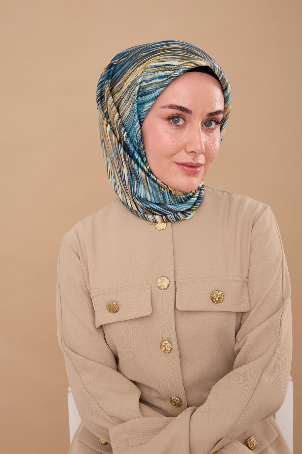 Silk Home Tivil Saf İpek 11484 - 34 Yeşil Krem Çizgi Desen
