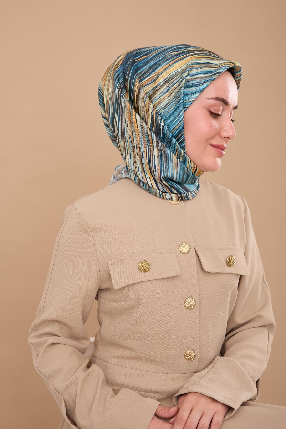 Silk Home Tivil Saf İpek 11484 - 34 Yeşil Krem Çizgi Desen