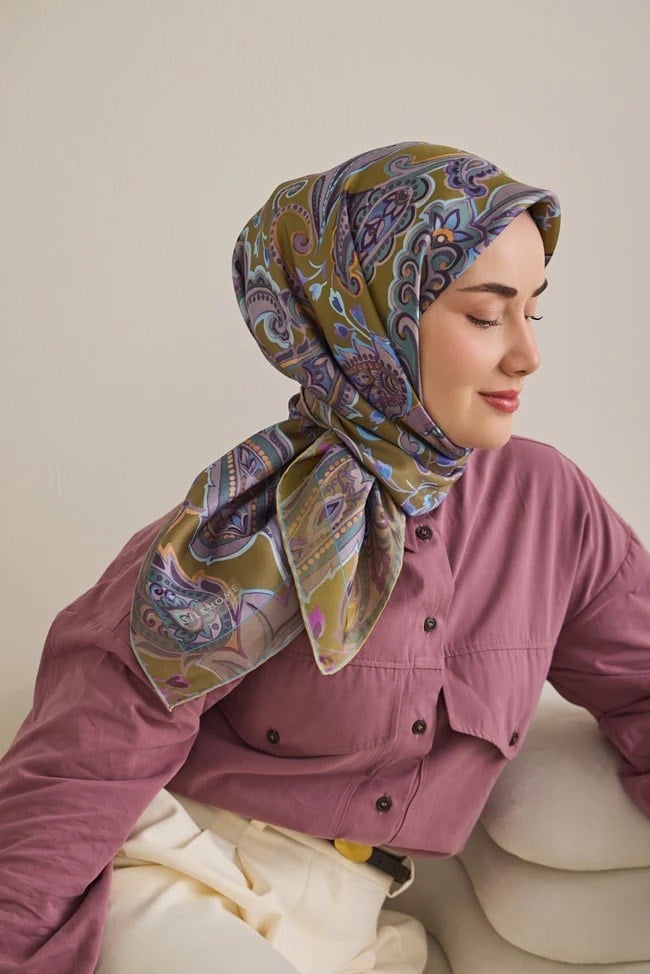 Silk Home Tivil Saf İpek 11504 - 11 Yağ Yeşili Etnik Desen 