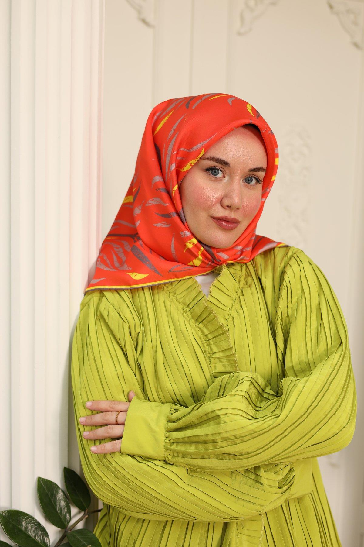 Silk Home Turuncu Sarı Desenli Tivil İpek Eşarp 11432-18