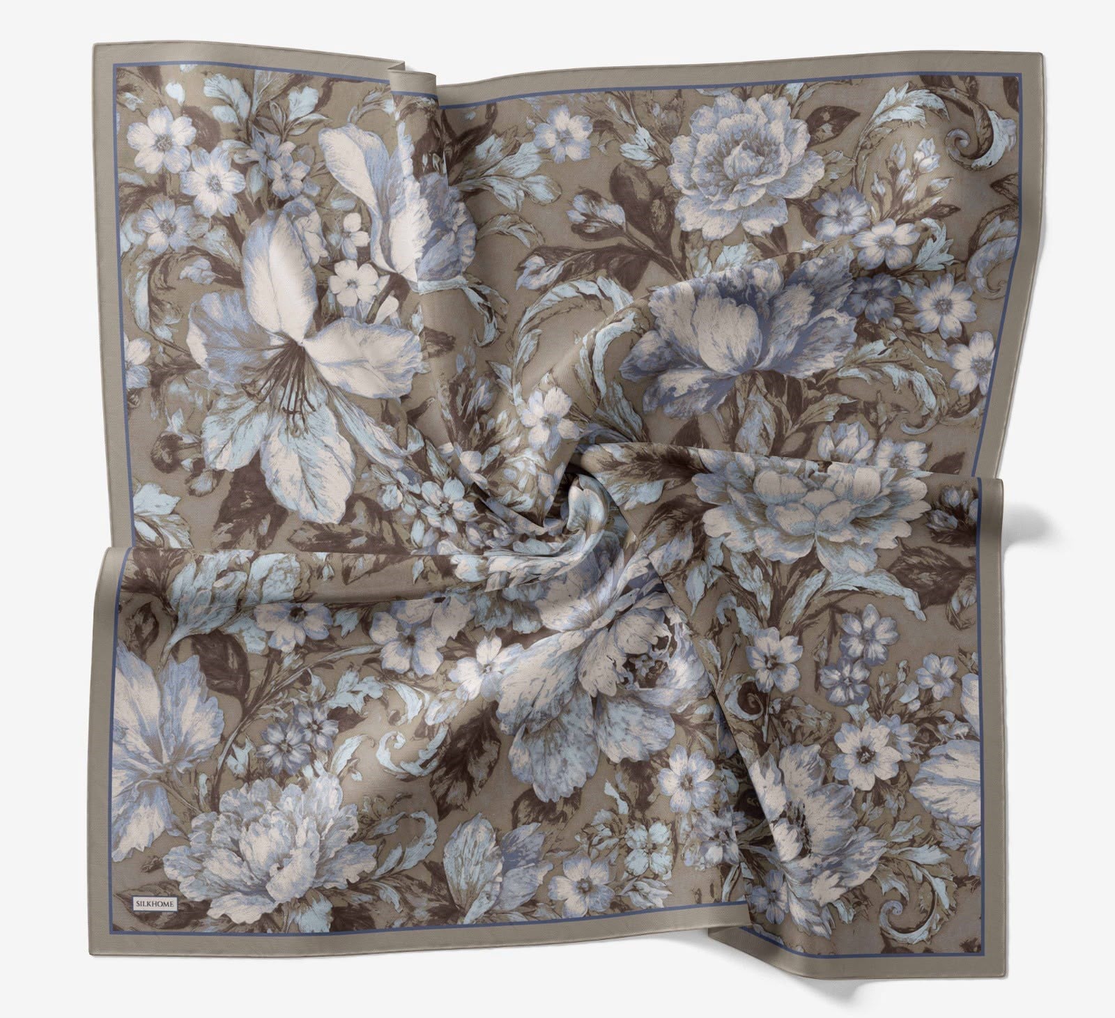 Silk Home Velora Eşarp IST Koyu Vizon - Mavi Çiçek Desen