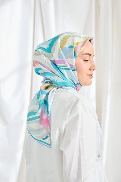 Silkhome Tivil İpek Eşarp 11541 11 Buz Mavisi Mint Yeşili Soyut Desen
