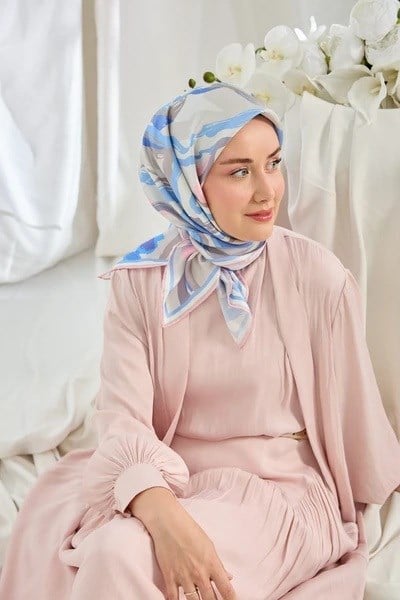 Silkhome Tivil İpek Eşarp 11541 13 Gri Mavi Soyut Desen