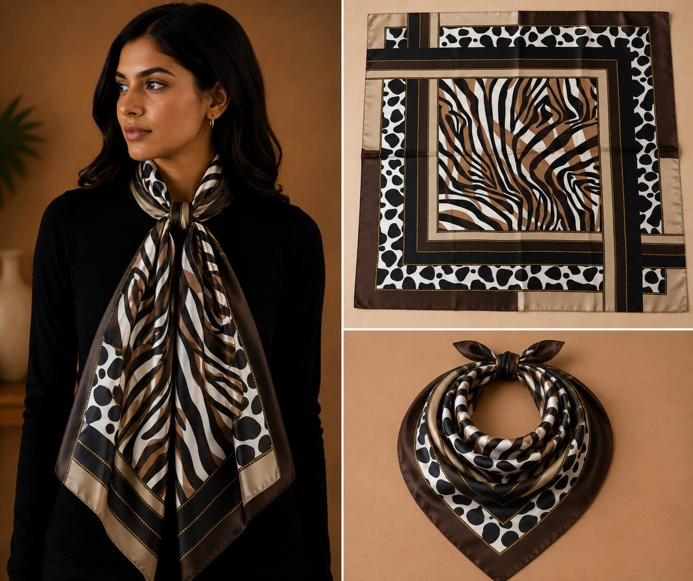 Siyah Kahverengi Leopar Zebra Desenli İpek Fular