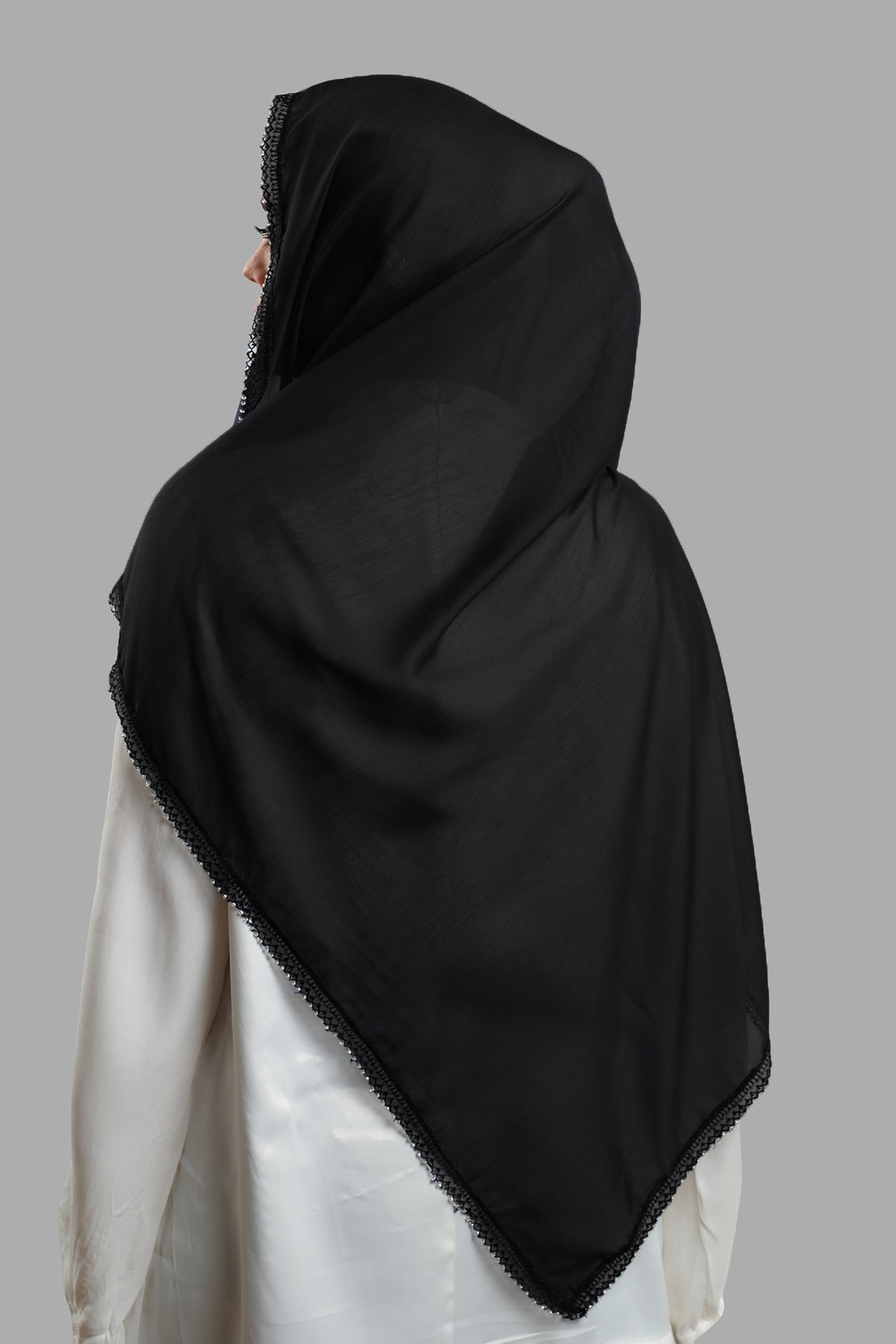 Siyah Nikah Namaz Başörtüsü Eşarp Kesik Elyaf Boncuklu Güpürlü 202213_01