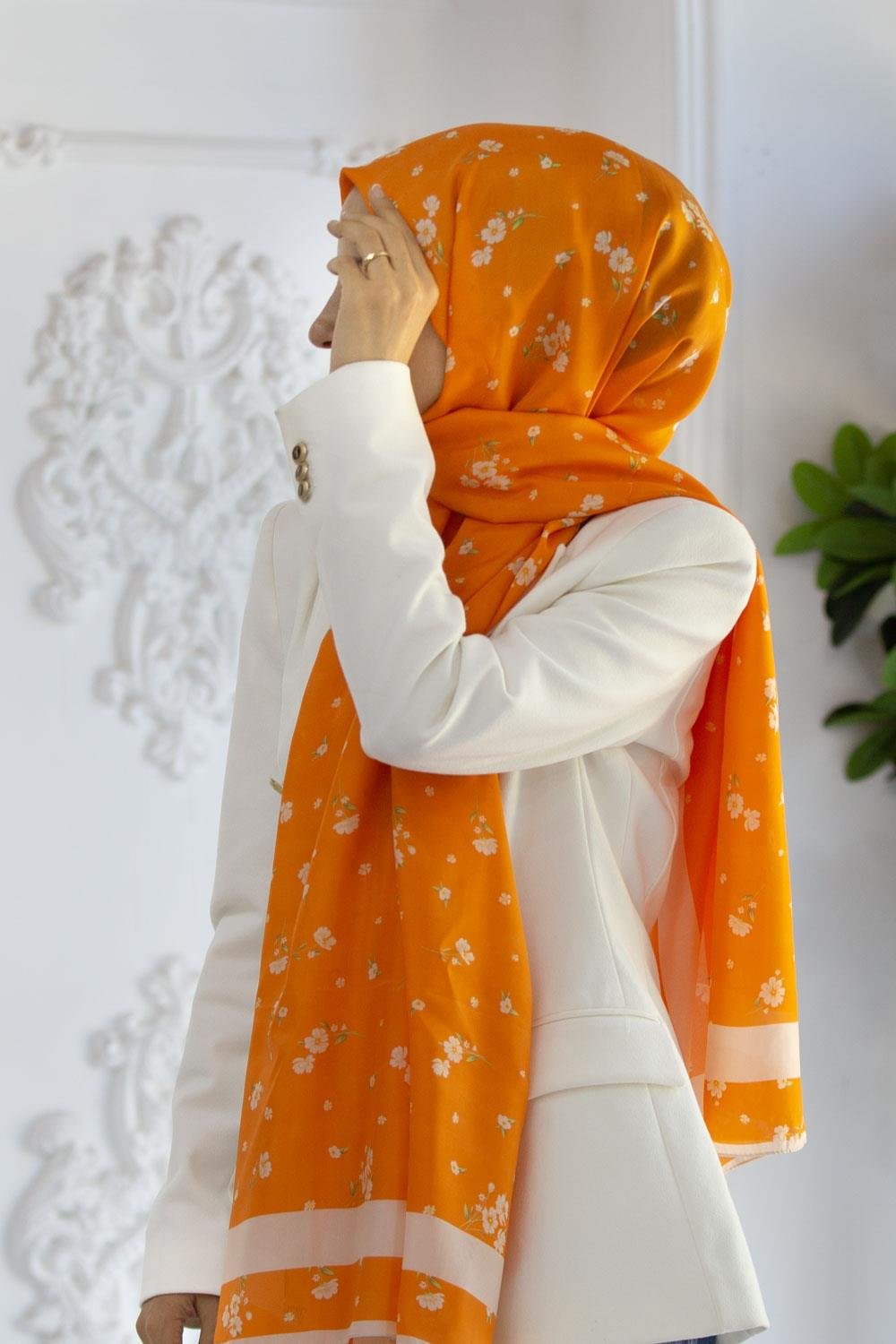 Vissona İpek Fresh Şal 60343-0013 Turuncu Krem Çiçek Desen