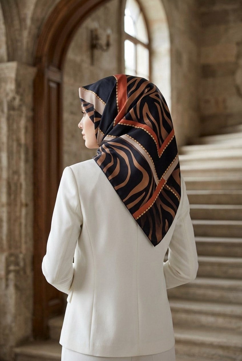 Vissona Tivil İpek Eşarp 10581 05 Siyah Taba Zebra Desen