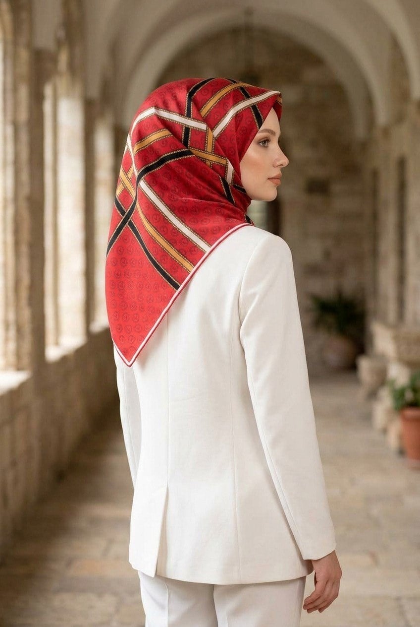 Vissona Tivil İpek Eşarp 10626 12 Kırmızı Siyah Şeritli Monogram Desen