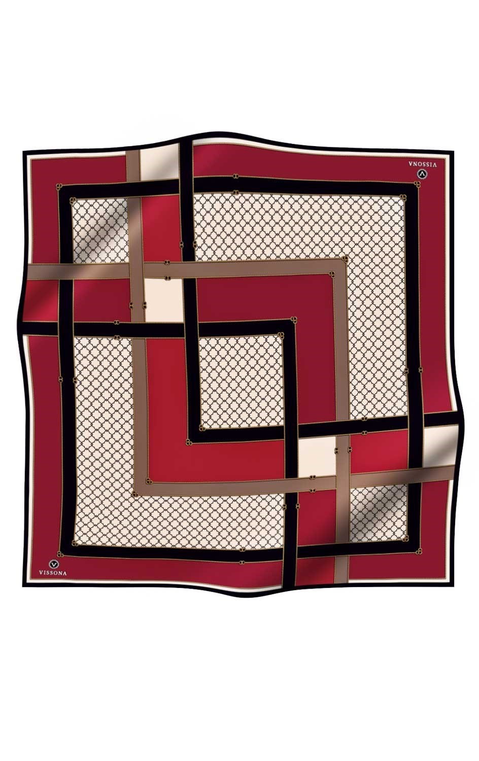 Vissona Tivil İpek Eşarp 10663 04 Bordo Siyah Renkli Geometrik Desen