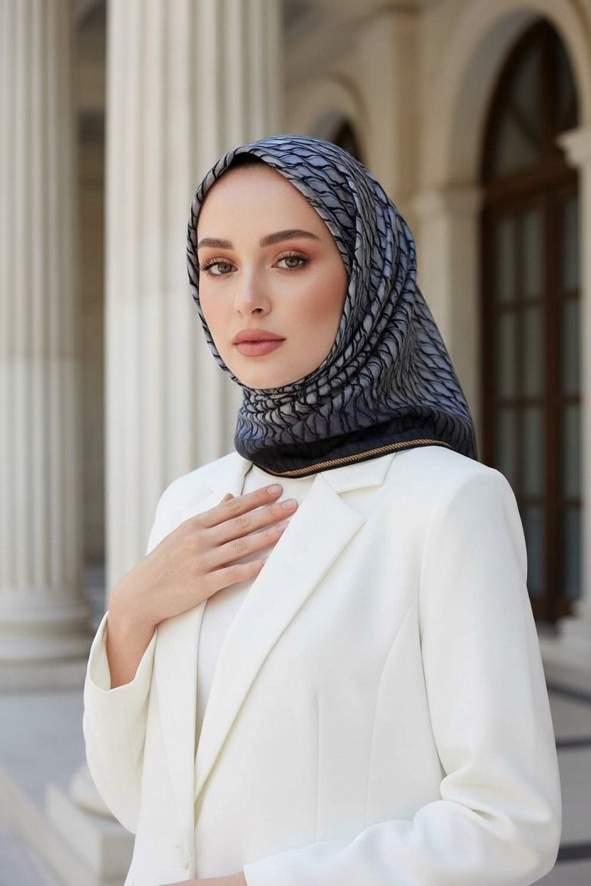 Vissona Tivil İpek Eşarp 10670 - 10 - 0028 - 0001 Gri Siyah Soyut Desen