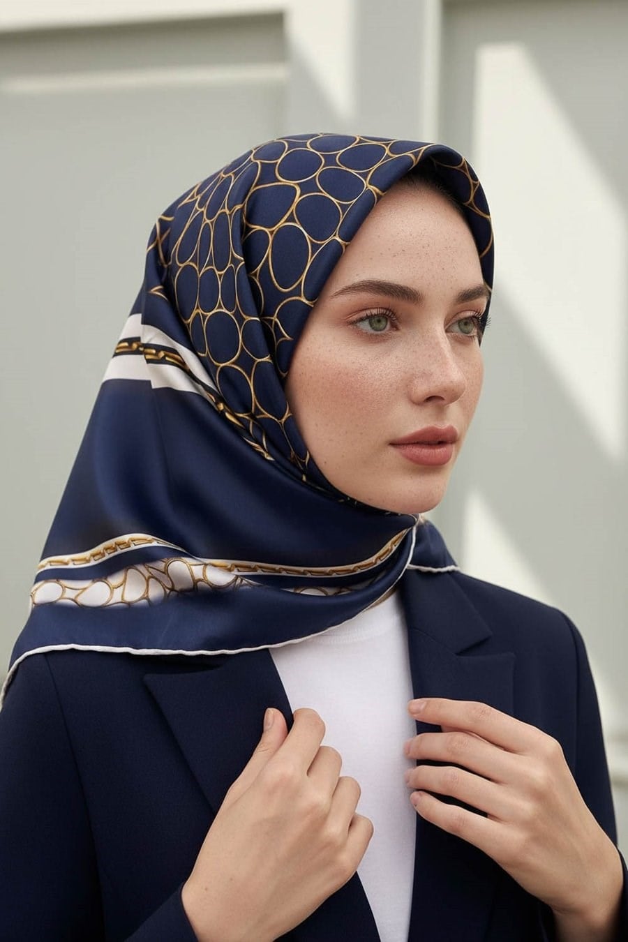 Vissona Tivil İpek Eşarp 17147 - 12 - 0033 - 0003 Lacivert Krem Halka Desen