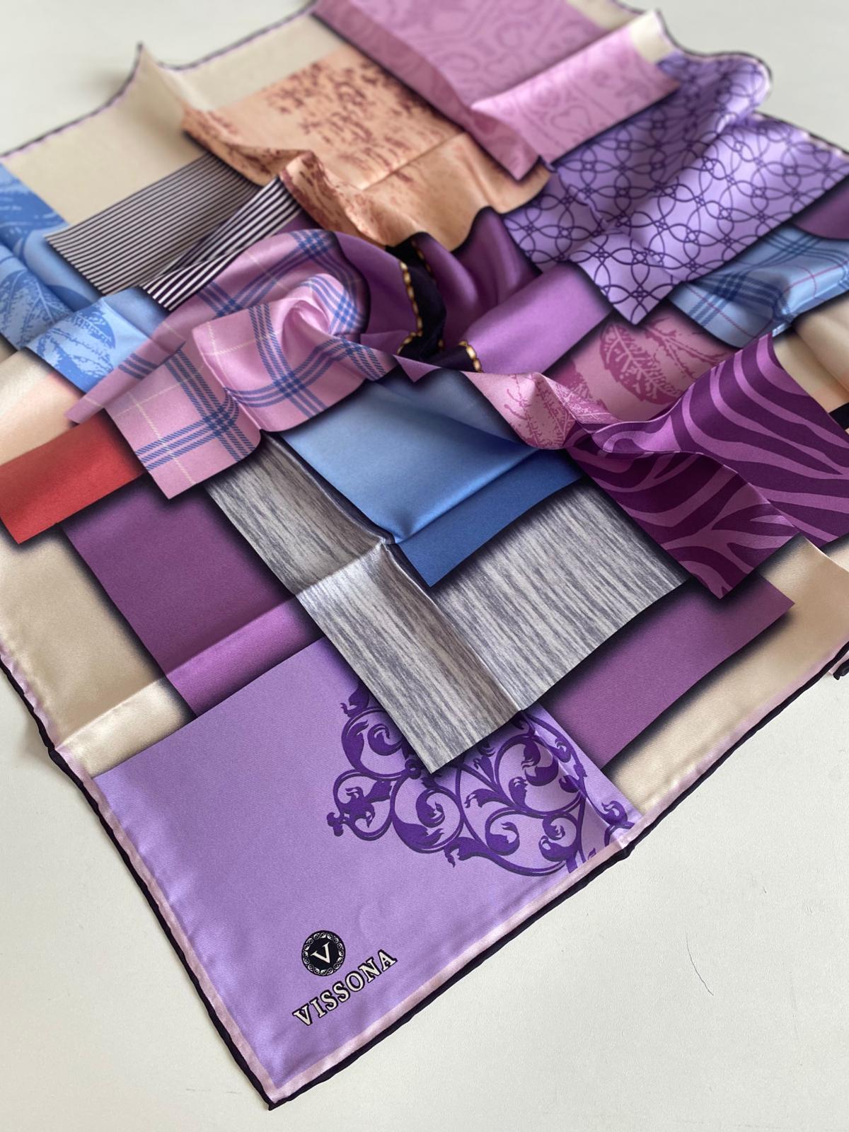 Vissona Tivil İpek Eşarp 17206 - 0022 - 0012 Lila Somon Batik Desen
