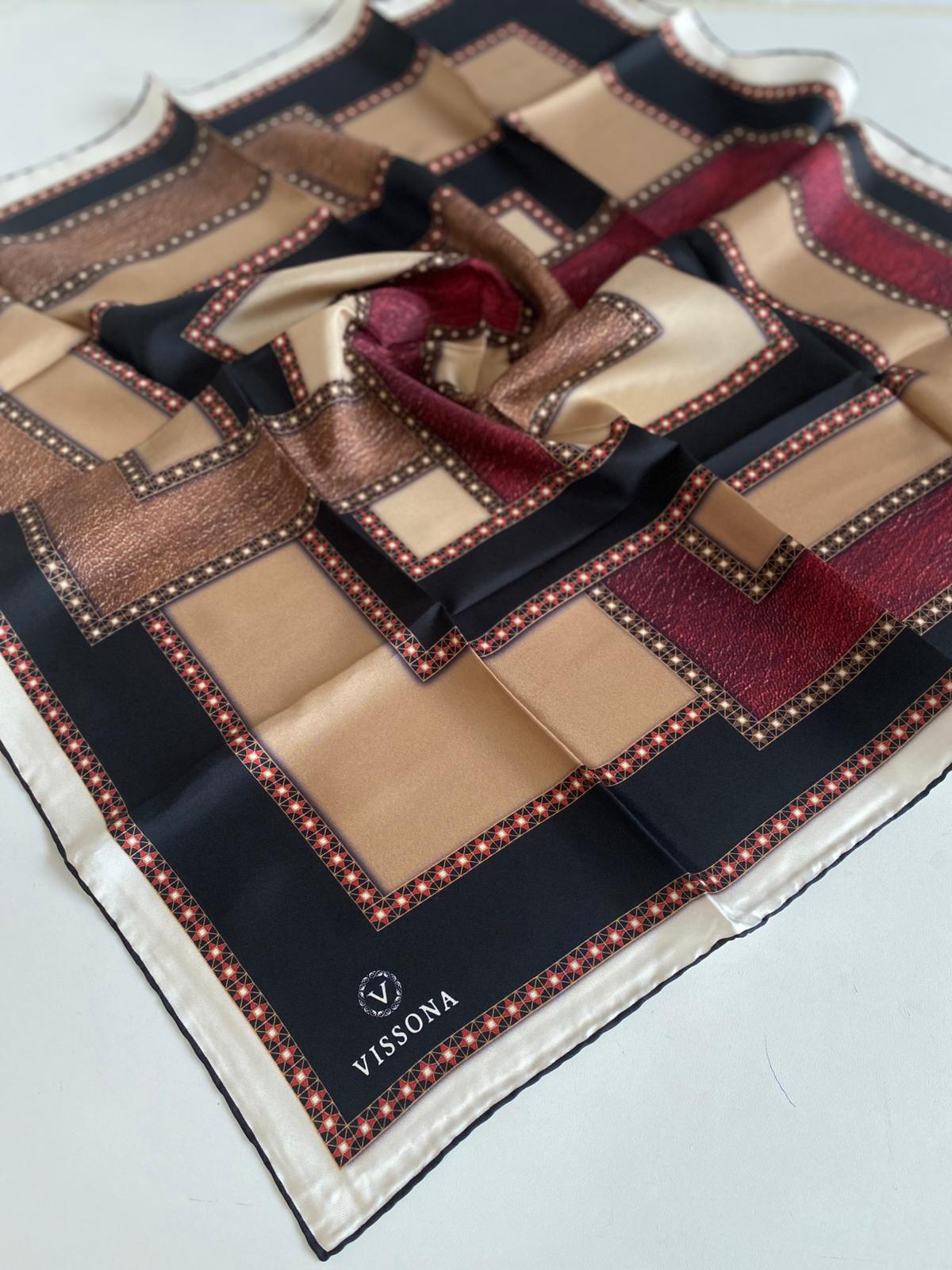 Vissona Tivil İpek Eşarp 17445 - 0026 - 0033 Siyah Kırmızı Batik Desen
