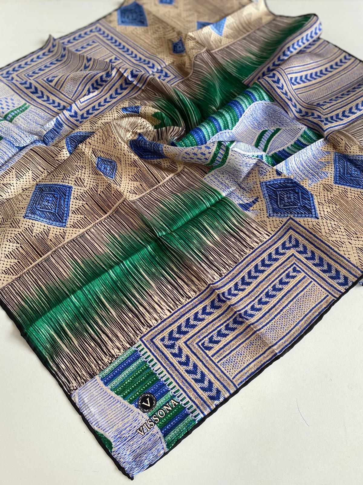 Vissona Tivil İpek Eşarp 17649 - 0032 - 0036 Saks Zümrüt Yeşili Batik Desen