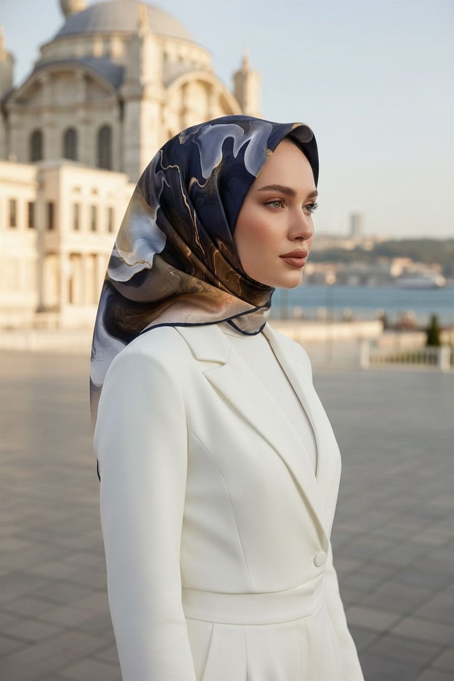 Vissona Tivil İpek Eşarp 50505- 08  Lacivert Batik Desen