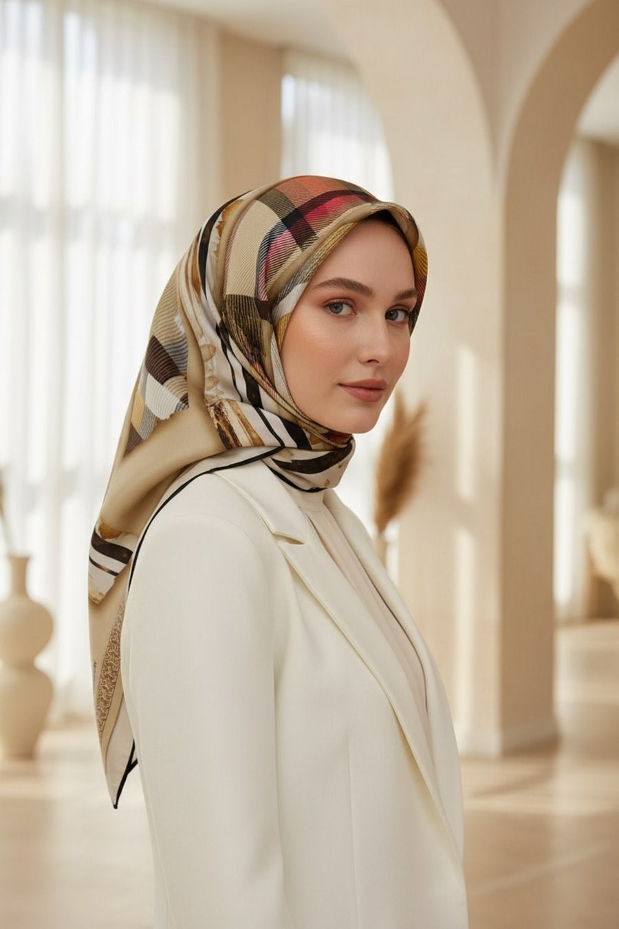 Vissona Tivil İpek Eşarp 50949 04 Taş Kırmızı Ekose Desen