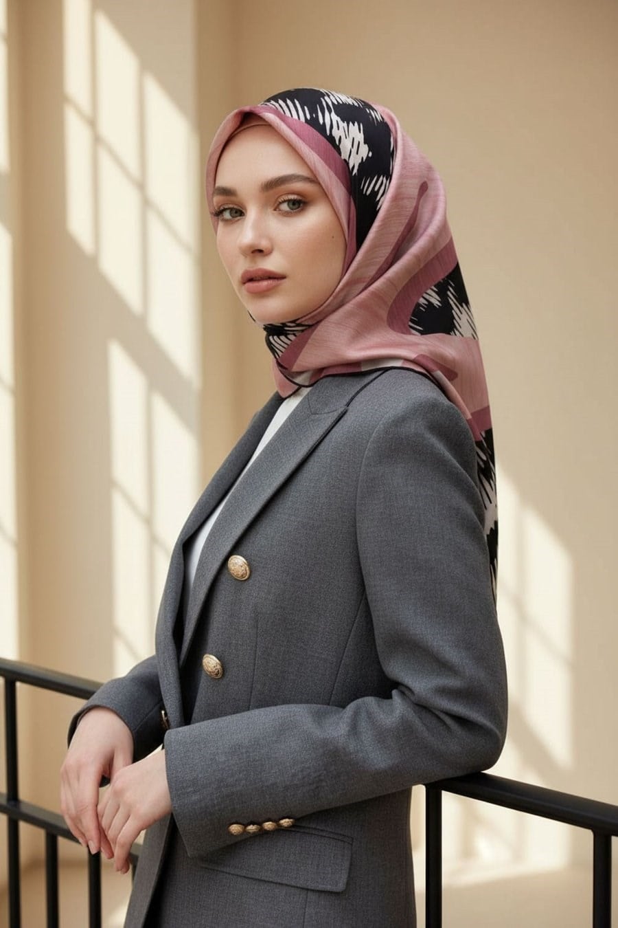 Vissona Tivil İpek Eşarp 51056 - 0019 - 0001  Pudra - Siyah Kazayağı Desen