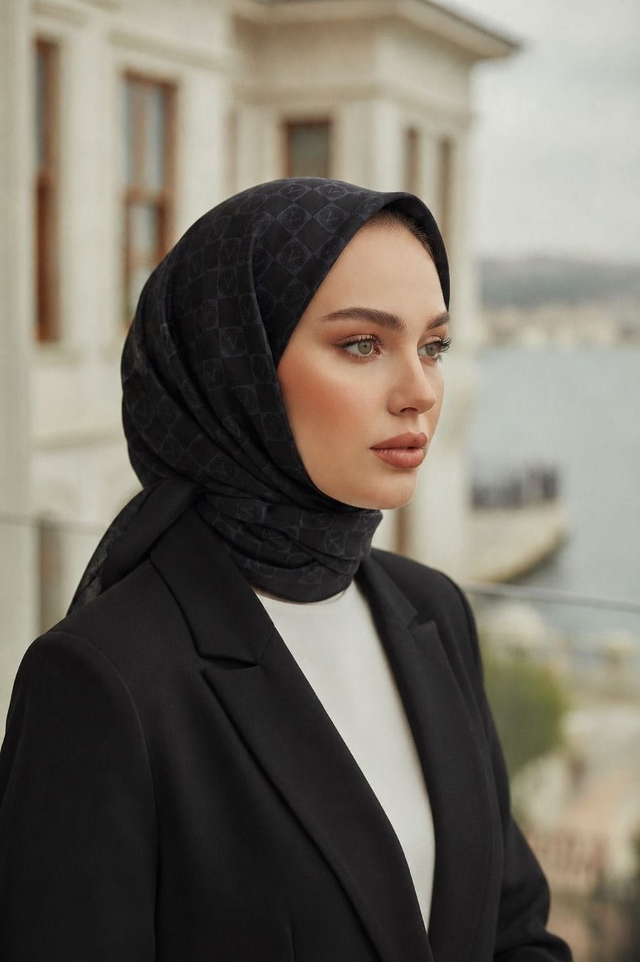 Vissona Tivil İpek Eşarp 51495 - 1 - 0001 Siyah Logo Desen