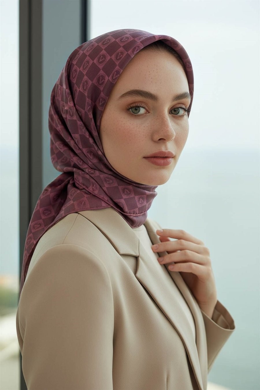 Vissona Tivil İpek Eşarp 51495 - 10 - 0020 Gül Kurusu Logo Desen