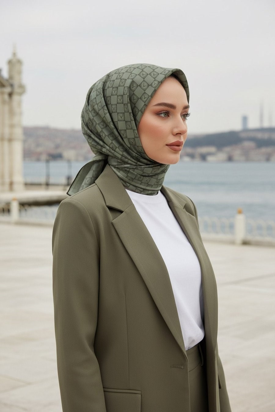 Vissona Tivil İpek Eşarp 51495 -23 - 0301 Çağla Yeşili Logo Desen