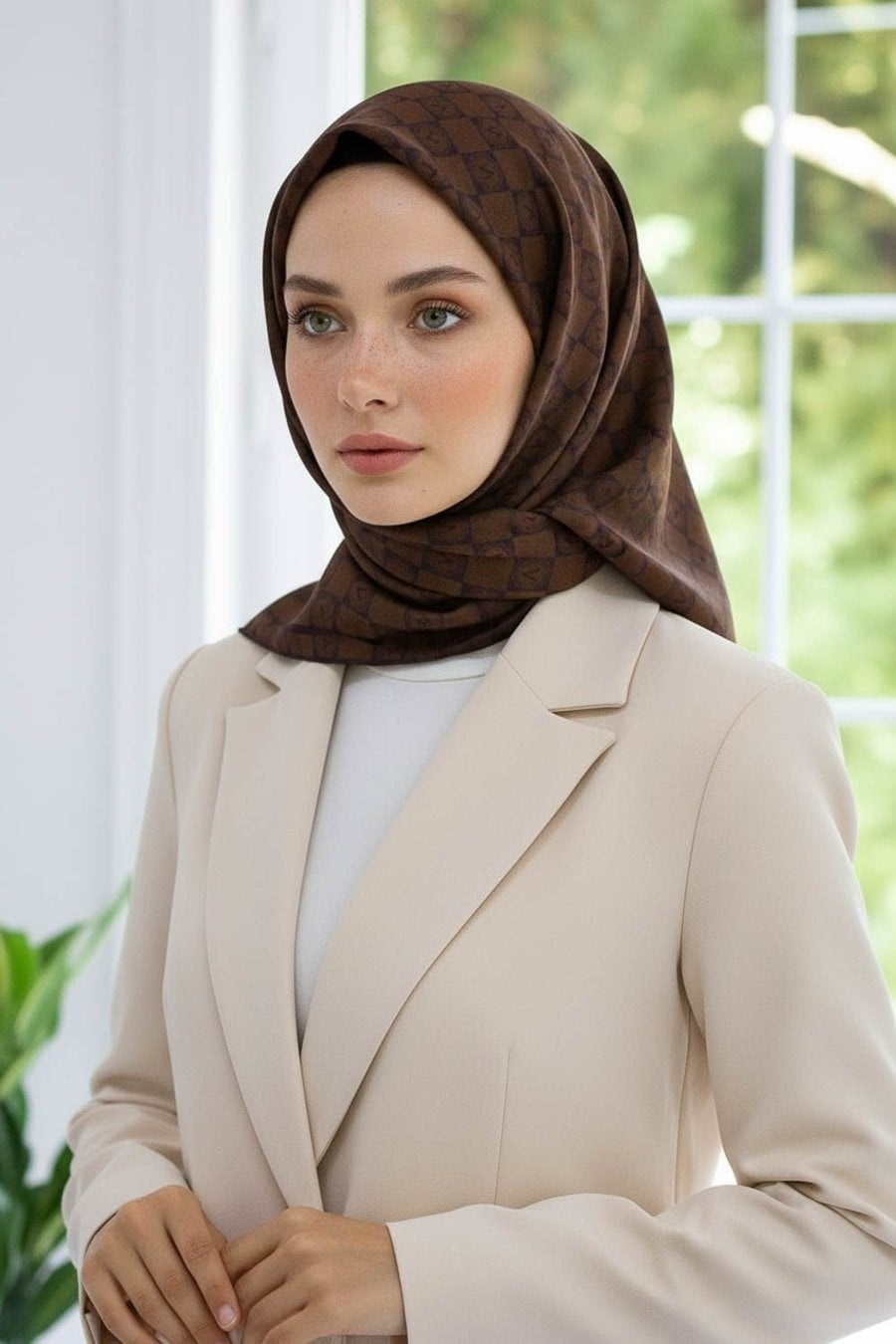 Vissona Tivil İpek Eşarp 51495 - 6 - 0007 Kahverengi Logo Desen
