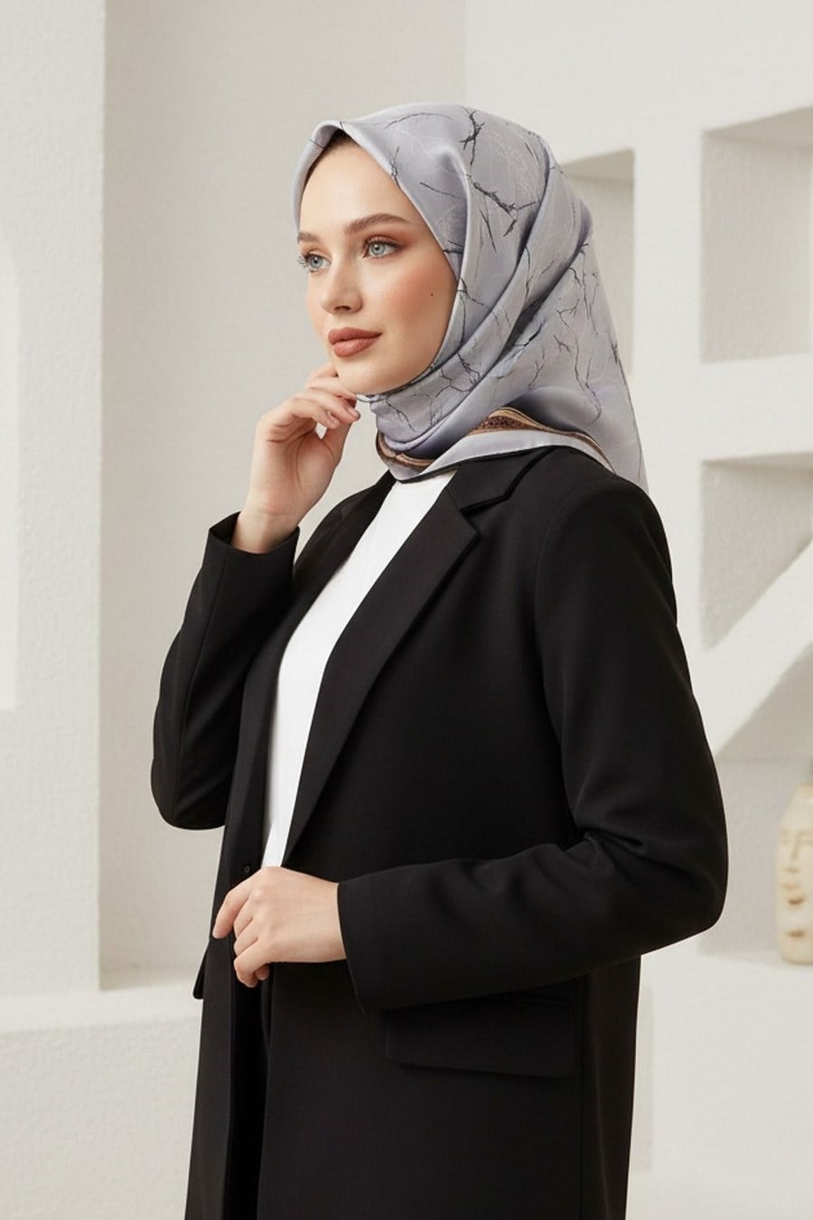 Vissona Tivil İpek Eşarp 60307 - 8 - 0027 Gümüş Mermer Desen