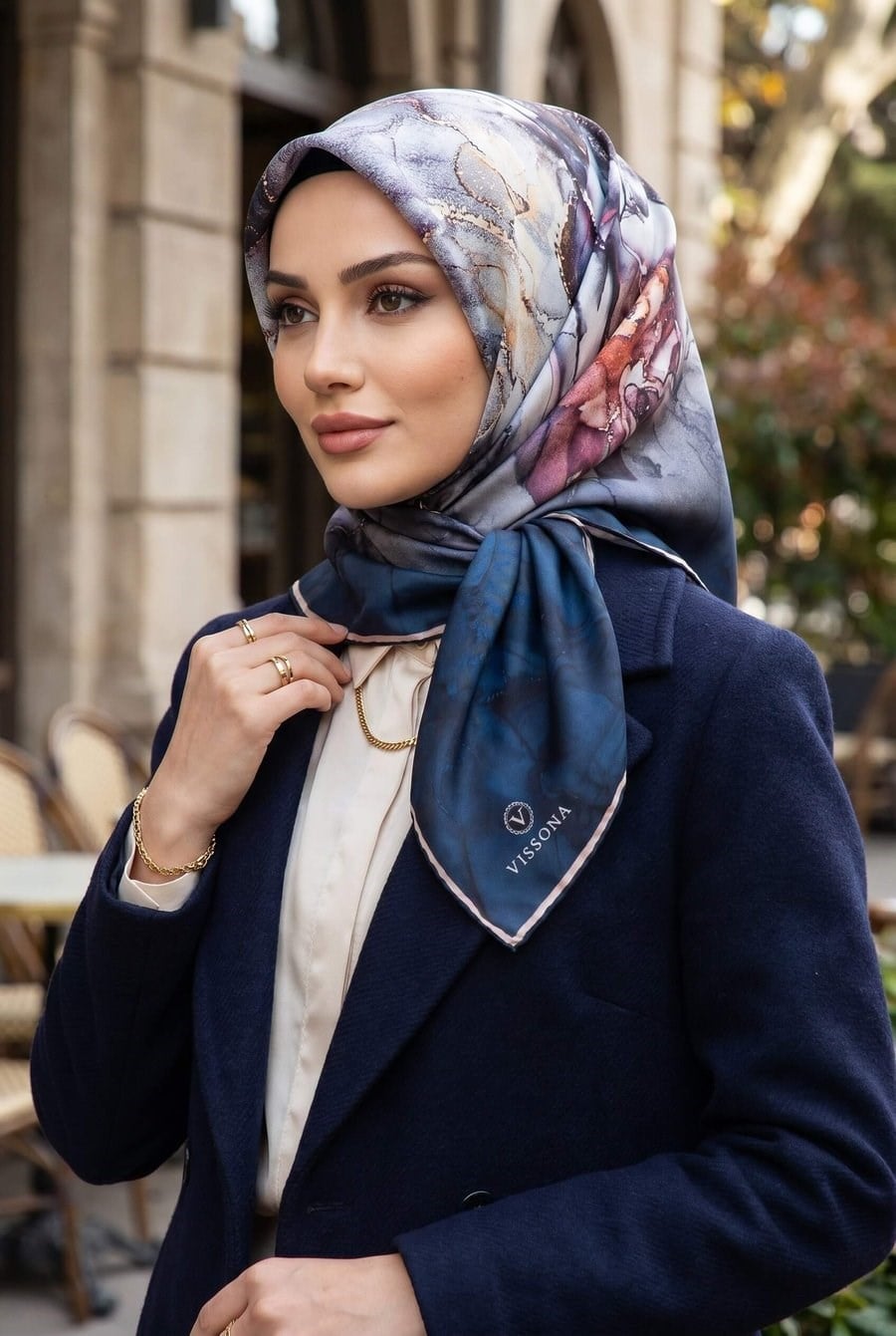 Vissona Tivil İpek Eşarp 61010 10 Lacivert Duman Desen