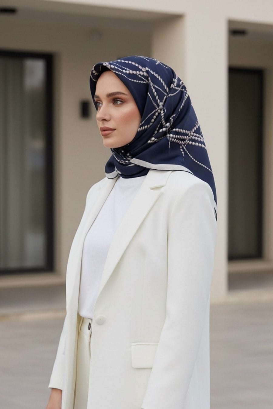 Vissona Tivil İpek Eşarp 61123 0 Lacivert Beyaz İnci Desen