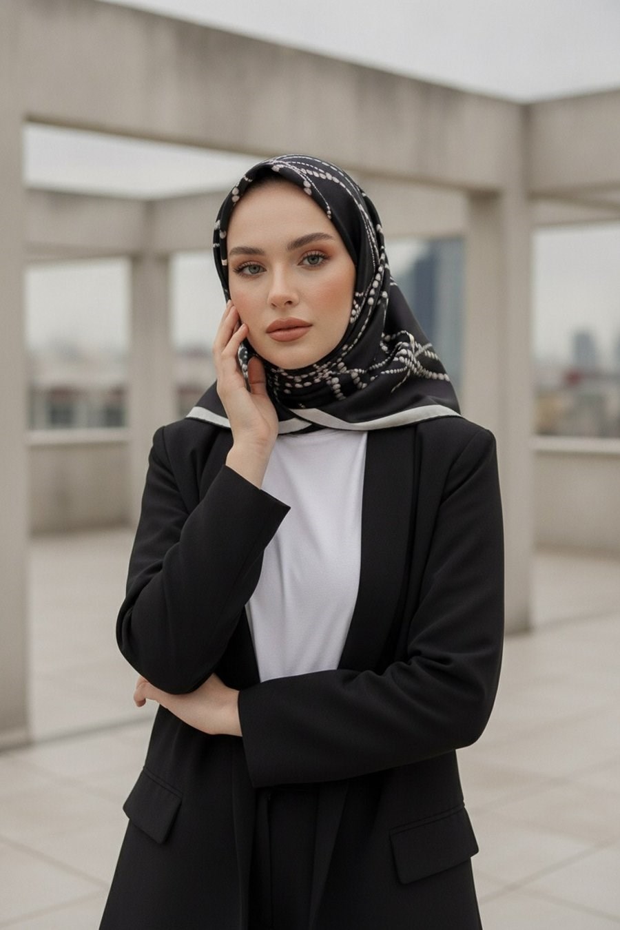 Vissona Tivil İpek Eşarp 61123 01 Siyah Beyaz İnci Desen