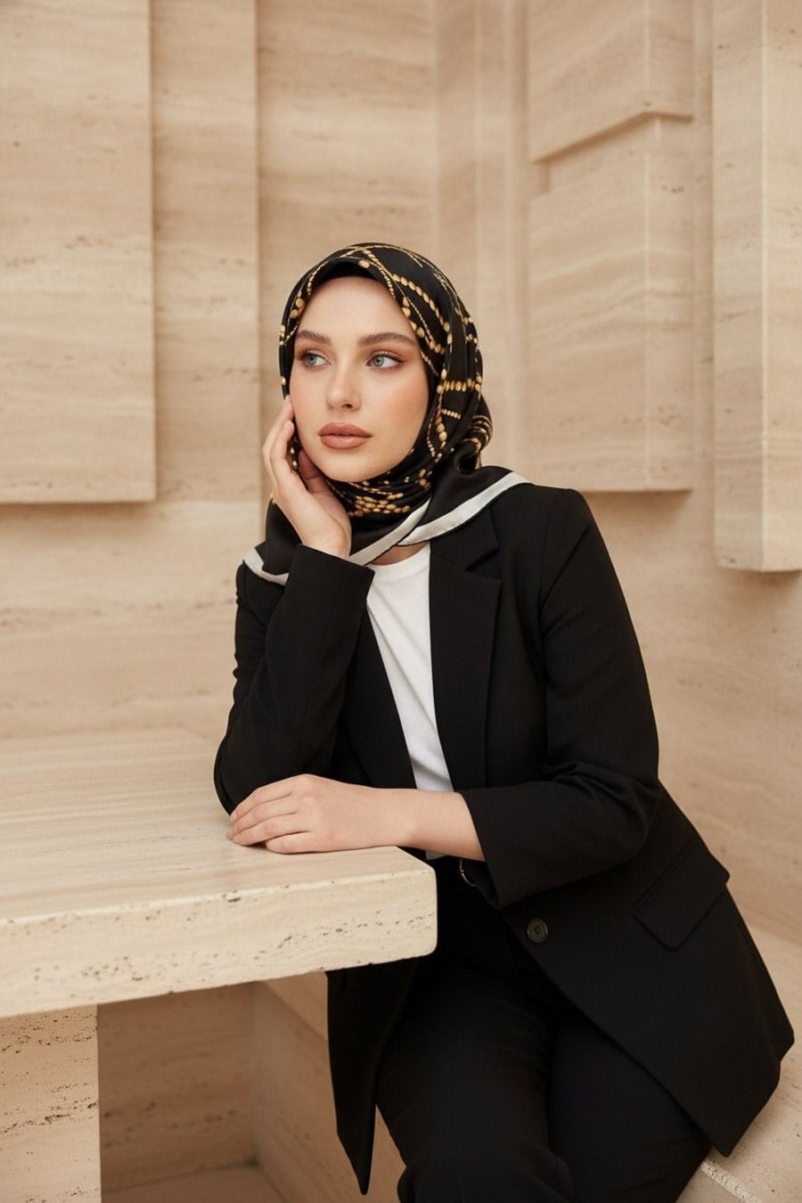 Vissona Tivil İpek Eşarp 61123 02 Siyah Gold İnci Desen