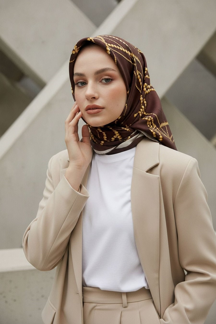 Vissona Tivil İpek Eşarp 61123 04 Kahverengi Gold İnci Desen
