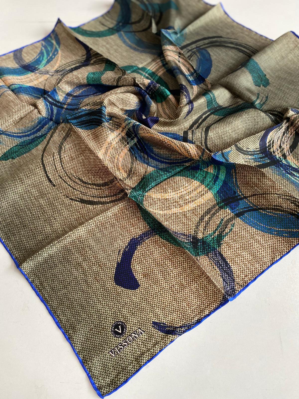 Vissona Twill Silk Scarf 7405 - 0004 - 0032 Brown Sax Fleece Pattern