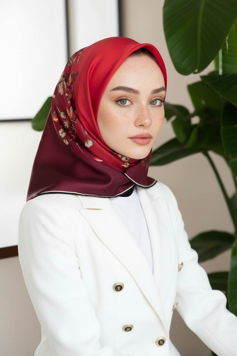 Vissona Tivil İpek Eşarp Bordo 60849 04 Çiçek Desen