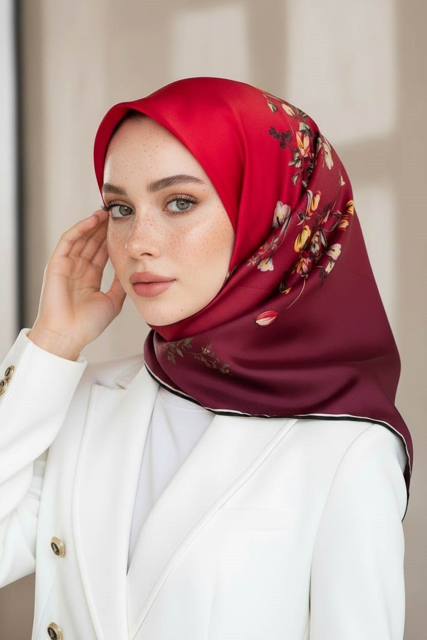 Vissona Tivil İpek Eşarp Bordo 60849 04 Çiçek Desen