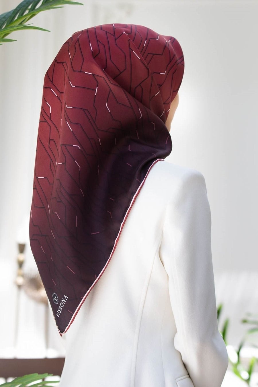 Vissona Tivil İpek Eşarp Bordo 6246 11 Geometrik Desen