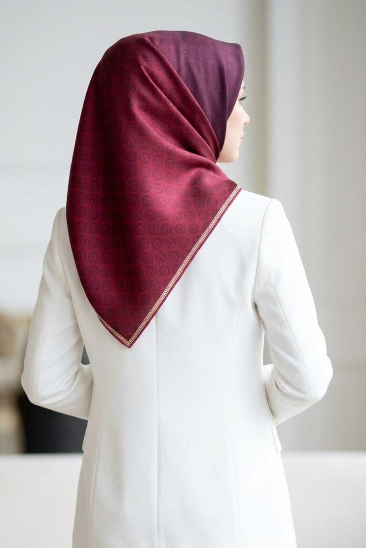 Vissona Tivil İpek Eşarp Bordo Monogram Desen
