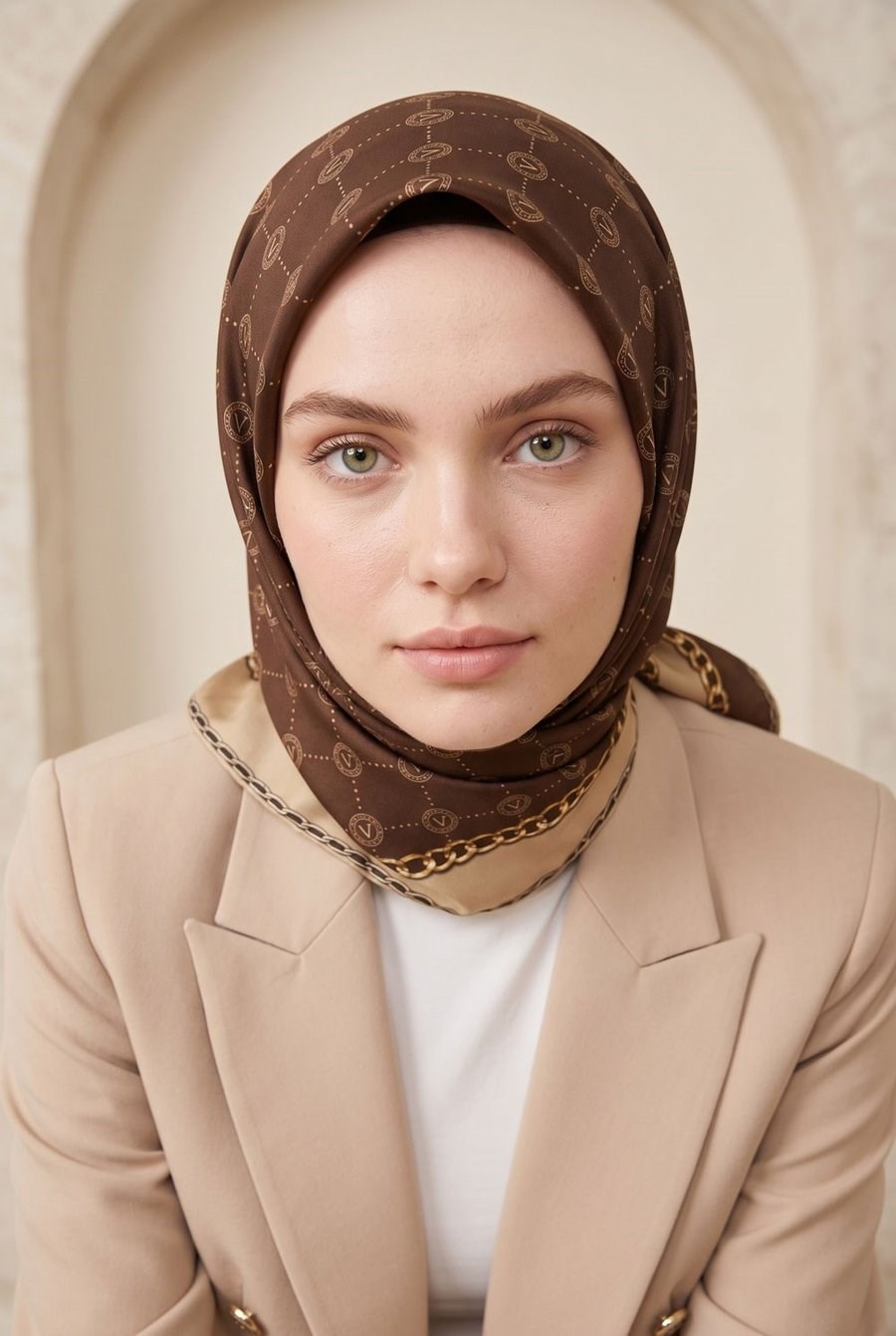 Vissona Tivil İpek Eşarp DG0N51333 - 7 - 0006 - 0004 Sütlü Kahve Bej Monogram Desen
